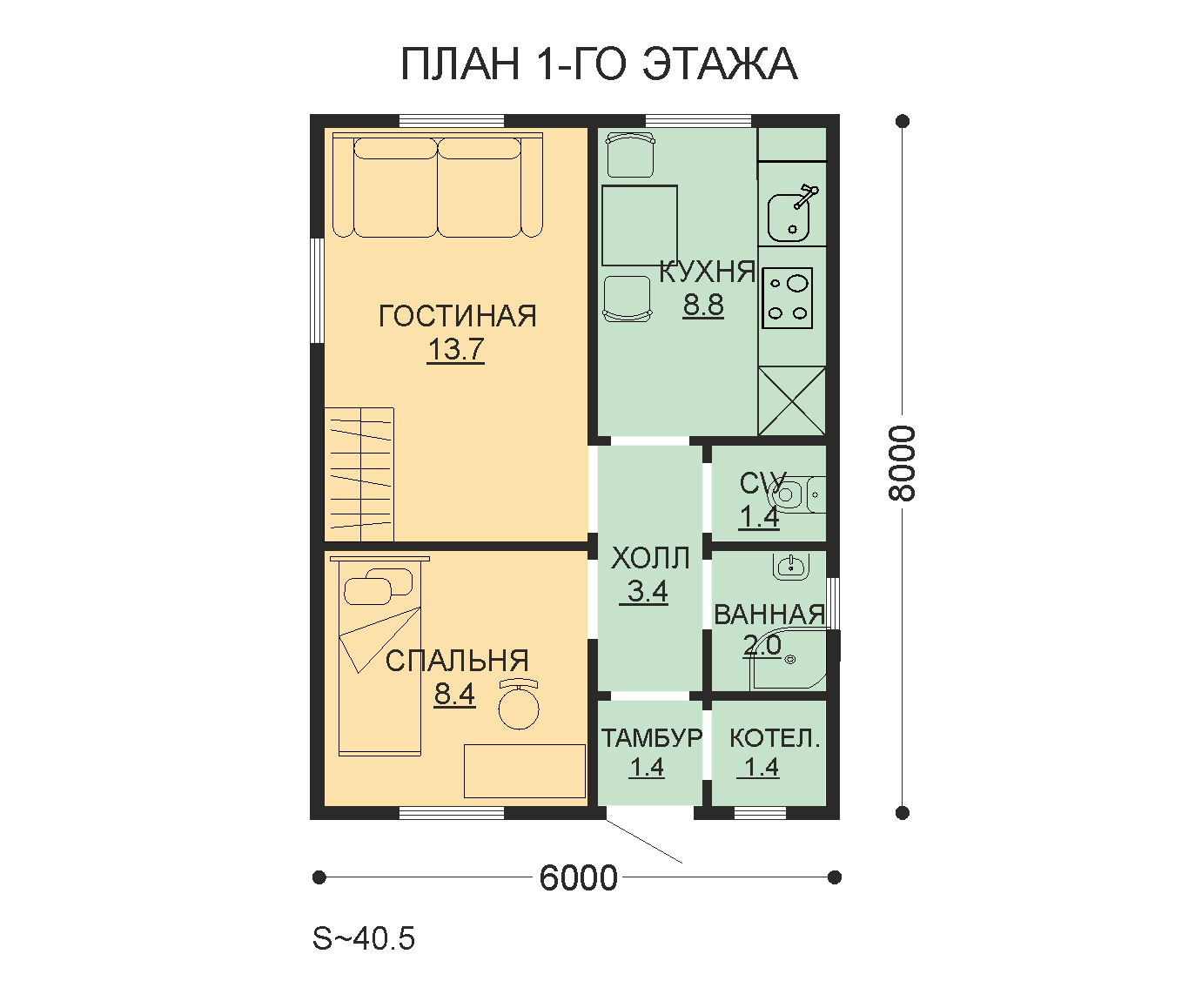 Проект ССК-40 О — дом 8х6 40 кв.м. — до 80 кв.м. от ССК-ДОМ